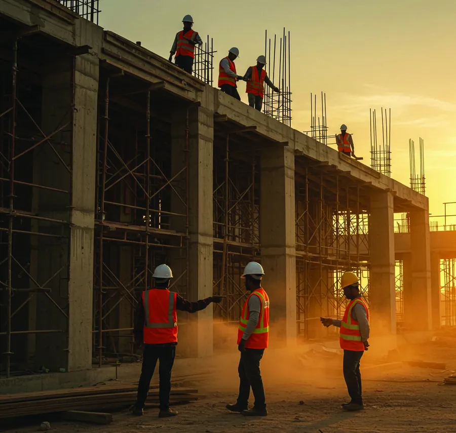 Crews working on a reinforced concrete structure at sunset