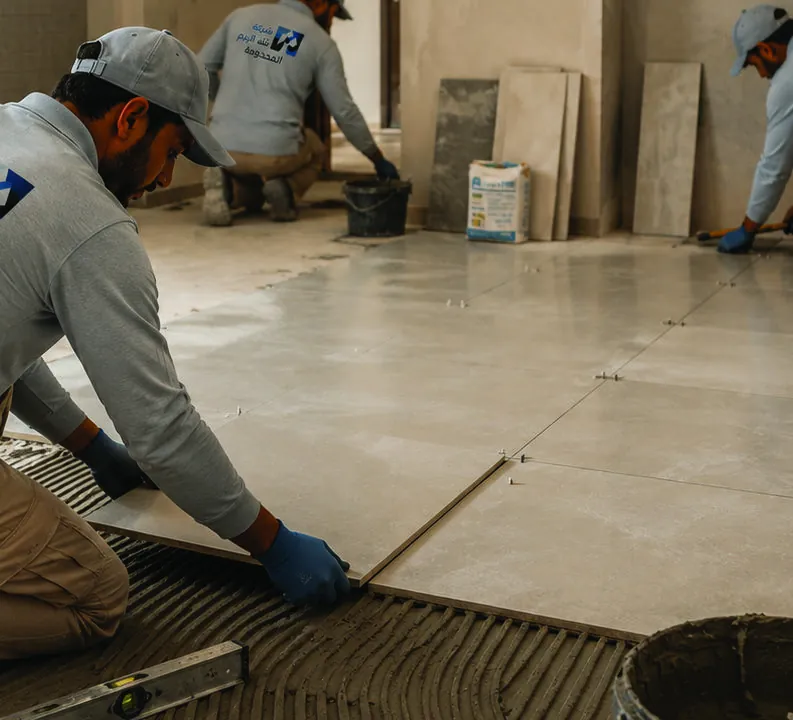 Our finishing crew laying large-format floor tiles