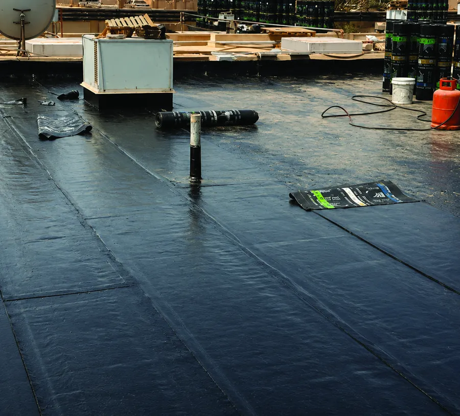 Waterproofing membrane laid across a roof slab